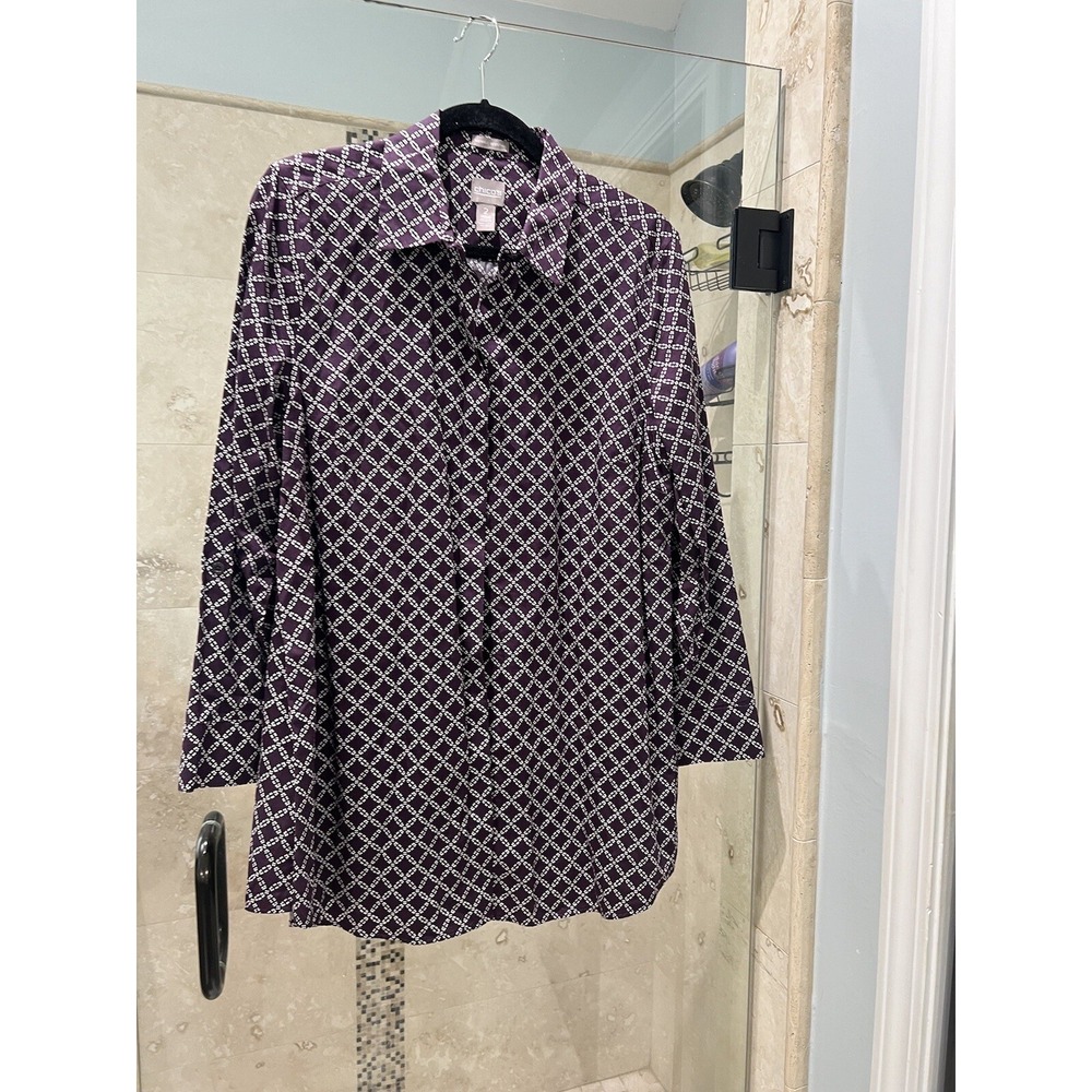 Chicos Wrinkle Resistant Purple Trellis Print Button Down Tunic Shirt Top Size 2